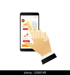 Concetto vettoriale di commercio mobile, smartphone a mano che sceglie l'elemento sull'app di shopping online. Illustrazione Vettoriale