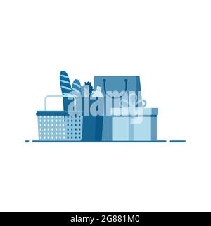 Illustrazione del cestino della spesa, della drogheria, della borsa di carta e della scatola del regalo in blu con sfondo bianco. Illustrazione Vettoriale