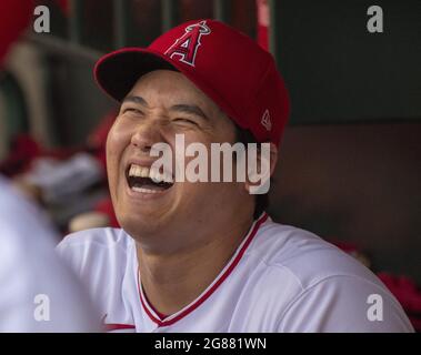 Anaheim, Stati Uniti. 17 luglio 2021. Los Angeles Angels ha designato Hitter Shohei Ohtani (17) nel dugout prima della partita contro i Seattle Mariners all'Angel Stadium di Anaheim sabato 17 luglio 2021. Foto di Michael Goulding/UPI Credit: UPI/Alamy Live News Foto Stock
