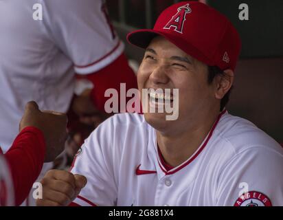 Anaheim, Stati Uniti. 17 luglio 2021. Los Angeles Angels ha designato Hitter Shohei Ohtani (17) nel dugout prima della partita contro i Seattle Mariners all'Angel Stadium di Anaheim sabato 17 luglio 2021. Foto di Michael Goulding/UPI Credit: UPI/Alamy Live News Foto Stock