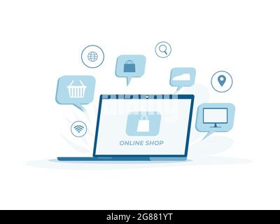 Concetto di shopping online con bolle discorso di merci volando intorno al laptop in tema blu. Illustrazione Vettoriale