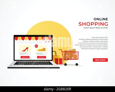 Marketing digitale, negozio, banner di concetto di shopping e-commerce, negozio online su illustrazione notebook Illustrazione Vettoriale