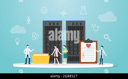 concetto medico di bigdata di assistenza sanitaria con server e medico con illustrazione vettoriale in stile piatto moderno Foto Stock