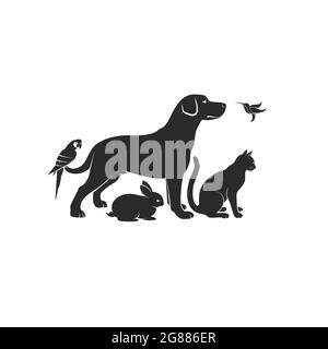 Gruppo vettoriale di animali domestici - cane, gatto, uccello umorante, pappagallo, coniglio isolato su sfondo bianco. Icona o logo PET, illustrazione vettoriale a livelli facilmente modificabile Illustrazione Vettoriale