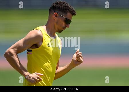 Il belga Jonathan Borlee ha ritratto durante una sessione di allenamento in preparazione dei 'Giochi Olimpici di Tokyo 2020' a Mito, Giappone, domenica 18 luglio 2021. Il Foto Stock