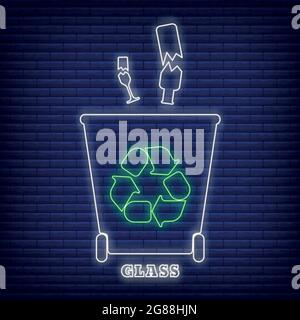 Riciclaggio vetro contenitore di smistamento rifiuti icona di tipo al neon luminescente, etichetta di protezione ambientale immagine vettoriale piatta, isolato su nero. Cestino può wi Illustrazione Vettoriale