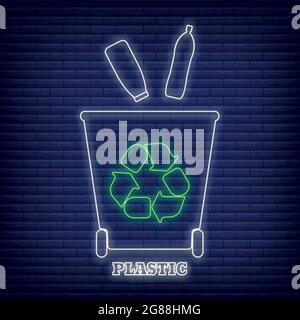Riciclaggio plastica contenitore di smistamento rifiuti icona di tipo al neon, etichetta di protezione ambientale piatta illustrazione vettoriale, isolato su nero. Cestino Illustrazione Vettoriale