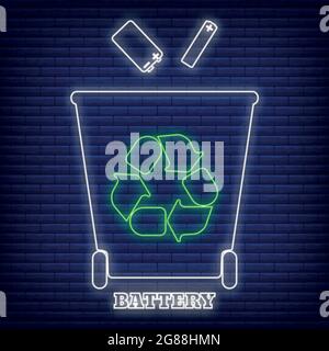 Riciclaggio della batteria icona del contenitore di smistamento dei rifiuti stile neon incandescente, etichetta di protezione ambientale piatta illustrazione vettoriale, isolata in nero. Cestino Illustrazione Vettoriale