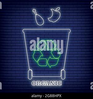 Riciclaggio organico contenitore di smistamento rifiuti icona di tipo al neon luminescente, etichetta di protezione ambientale piatta illustrazione vettoriale, isolato su nero. Cestino Illustrazione Vettoriale