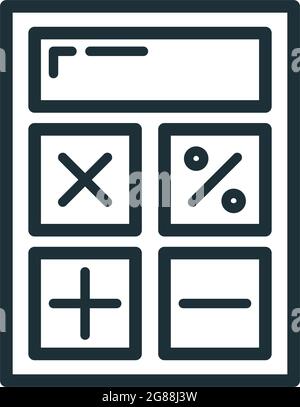Icona della calcolatrice, scuola di processo dell'istituto di istruzione, illustrazione vettoriale piatta del contorno, isolata su bianco. Simbolo dei materiali di consumo per ufficio, concetto di nuovo a. Illustrazione Vettoriale