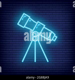 Icona telescopica luminescente stile neon, processo educativo istituto, ritorno a scuola contorno piatto vettore illustrazione, isolato su nero. Forniture concettuali Illustrazione Vettoriale