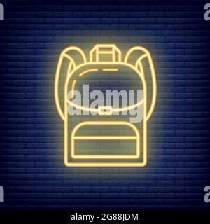 Icona dello zaino stile neon glow, processo scolastico, torna a scuola colore profilo piatto illustrazione vettoriale, isolato su nero. Supporto concept Illustrazione Vettoriale