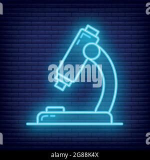 Icona microscopio stile neon luminescente, processo educativo, torna a scuola colore profilo piatto vettore illustrazione, isolato su nero. Concetto su Illustrazione Vettoriale