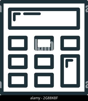 Icona della calcolatrice, scuola di processo dell'istituto di istruzione, illustrazione vettoriale piatta del contorno, isolata su bianco. Simbolo dei materiali di consumo per ufficio, concetto di nuovo a. Illustrazione Vettoriale