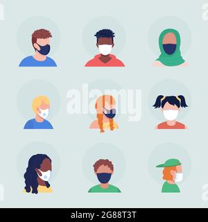 Maschera medica no-pleat semi piatto colore vettore carattere avatar set Illustrazione Vettoriale