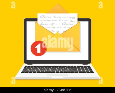 Informazioni sulla notifica tramite e-mail. Nuova e-mail sullo schermo del notebook. Illustrazione vettoriale in stile piatto. Illustrazione Vettoriale