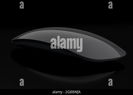 Mouse nero realistico con touch isolato su sfondo nero. Rendering 3D del trackpad wireless per laptop per l'ufficio domestico e lo spazio di lavoro Foto Stock