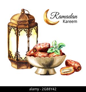 Ramadan Kareem biglietto d'auguri con lanterna, data frutta e Crescent. Immagine disegnata a mano con acquerello isolata su sfondo bianco Foto Stock