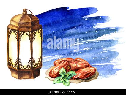 Ramadan Kareem biglietto di auguri sfondo con lanterna, frutta data. Illustrazione disegnata a mano con acquerello Foto Stock