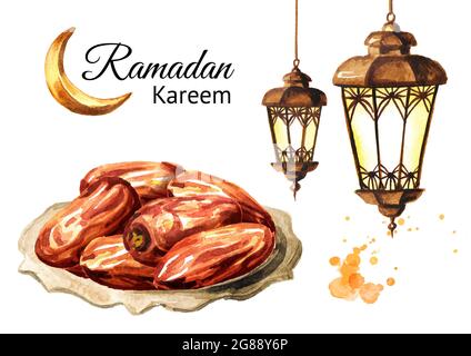 Ramadan kareem. Frutta secca di data con foglie di menta verde sulla piastra e lanterna. Immagine disegnata a mano con acquerello, isolata su sfondo bianco Foto Stock