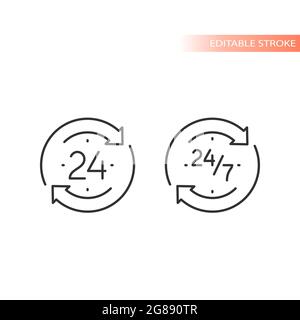 24 7 icona del vettore di loop circolare con freccia non-stop. Contorno del tratto modificabile per il servizio di 24 ore. Illustrazione Vettoriale