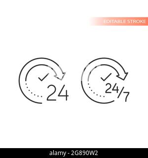 24 7 icona del vettore di loop circolare con freccia non-stop. Contorno del tratto modificabile per il servizio di 24 ore. Illustrazione Vettoriale