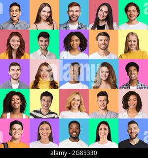 Giovani allegri che posano su sfondi colorati dello studio Foto Stock