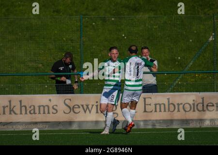 Oswestry, Inghilterra 15 luglio 2021. UEFA Europa Conference League prima partita di qualificazione tra i nuovi Santi e i Glentorani. Foto Stock