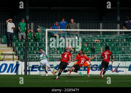 Oswestry, Inghilterra 15 luglio 2021. UEFA Europa Conference League prima partita di qualificazione tra i nuovi Santi e i Glentorani. Foto Stock