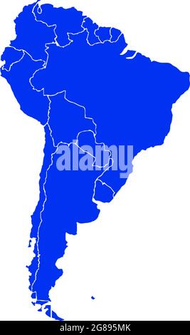 Mappa del Sud America di colore blu. Mappa politica del Sud america. Mappa di illustrazione vettoriale. Illustrazione Vettoriale