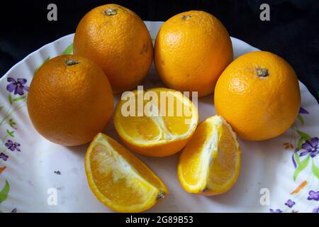 Citrus × sinensis, noto anche come Citrus sinensis, comprende le arance dolci comunemente coltivate Foto Stock