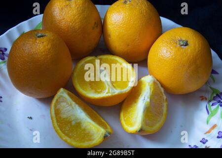 Citrus × sinensis, noto anche come Citrus sinensis, comprende le arance dolci comunemente coltivate Foto Stock