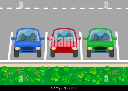 Zona parcheggio auto. Parcheggio con tre auto vista frontale. Posizionare per i veicoli con contrassegno su strada. Parcheggio gratuito o a pagamento. Illustrazione vettoriale Illustrazione Vettoriale
