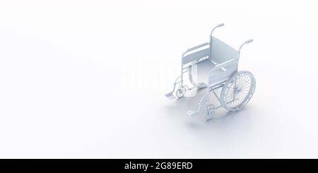 Sedia a rotelle bianca isolata su sfondo bianco. Sedia a rotelle vuota, attrezzature mediche per disabili, handicap, spazio per fotocopie, modello creativo monocromatico. Foto Stock