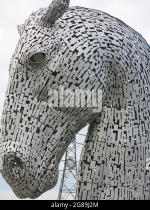 Una delle due teste di cavalli realizzate con pannelli in acciaio inossidabile nell'iconica scultura equina di Andy Scott, i Kelpies, un'occasione per il turismo scozzese. Foto Stock