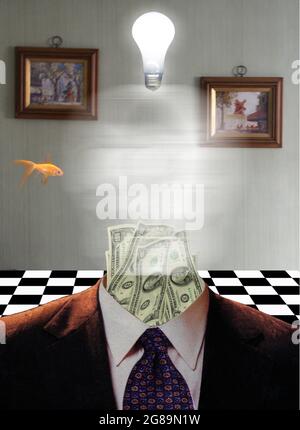 Composizione simbolica surreale. Banconote in dollari in tuta da lavoro. Pesce dorato. Desiderio di denaro. Rendering 3D. Foto Stock