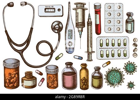 Set vettoriale di flaconi colorati di sangue, pillole e medicinali, termometro medico, test rapido del coronavirus, cellula batterica del coronavirus Illustrazione Vettoriale