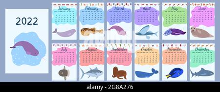Calendario 2022 con cartoni animati animali marini con copertina. Modello calendario. La settimana inizia il lunedì. Grafica per bambini. Illustrazione Vettoriale