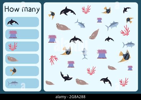 Mini gioco matematico bambini - contare quanti animali di mare - balena killer, anemone, corallo, foca, scalar, tonno. Giochi educativi per bambini. Modello di disegno di cartoni animati su sfondo colorato. Illustrazione Vettoriale