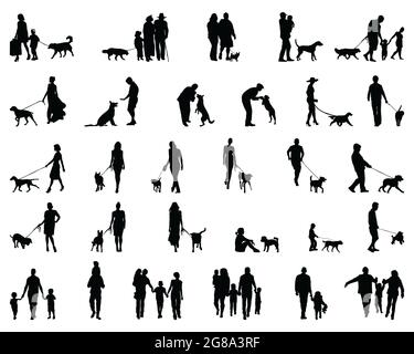 Silhouette nere di famiglie in una passeggiata su sfondo bianco Foto Stock