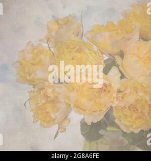 elegante sfondo in carta vecchia, quadrata, con anemone blu con rose gialle Foto Stock