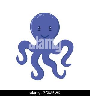 Carino piatto stile polpo carattere. Acqua acquatica animale subacqueo. Isolato su un'illustrazione con sfondo bianco Illustrazione Vettoriale
