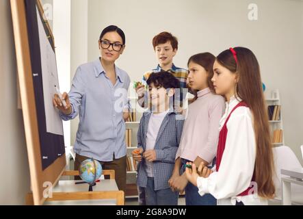 Insegnante femminile che spiega argomento agli alunni sulla lezione di geografia in classe Foto Stock