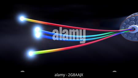 i cavi ottici a guida di luce o le fibre ottiche con estremità aperte brillano molto luminosi - illustrazione 3d Foto Stock