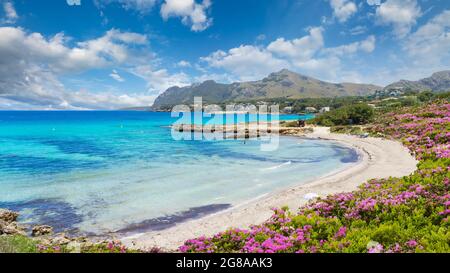 Paesaggio con la spiaggia di Sant Pere di Alcudia, Maiorca isola, Spagna Foto Stock