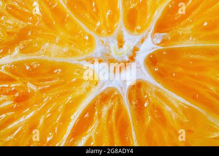 Immagine macro di una fetta di arancione. Taglio di frutta arancione primo piano. Foto Stock