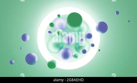 Illustrazione 3D astratta di sfere flottanti e di una luce ad anello Foto Stock