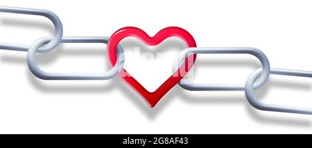La catena di acciaio è collegata insieme da un anello a forma di cuore rosso in questa illustrazione 3-d circa amore indistruttibile. Foto Stock
