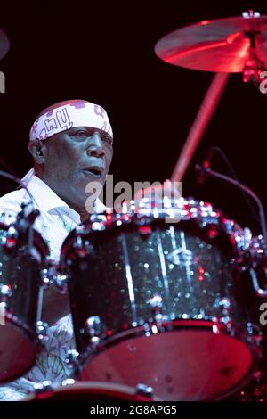 Madrid, Spagna. 18 luglio 2021. Il batterista americano Billy Cobham della Billy Cobham Band si esibisce dal vivo durante il festival musicale 'Noches del Botanico' di Madrid. (Foto di Atilano Garcia/SOPA Images/Sipa USA) Credit: Sipa USA/Alamy Live News Foto Stock