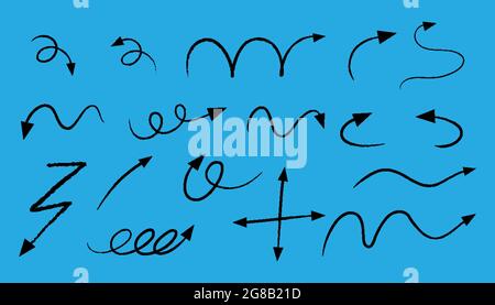 Diversi tipi di frecce curve disegnate a mano su sfondo blu Illustrazione Vettoriale